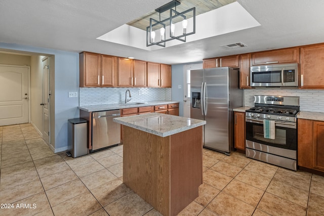 kitchen featuring pendant lighting, sink, backsplash, stainless steel appliances, and a center island