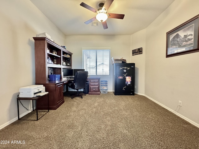 office with carpet flooring and ceiling fan