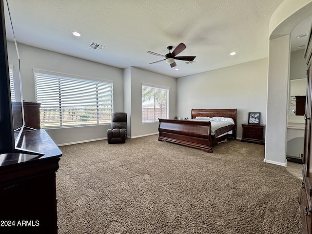 bedroom featuring multiple windows, a textured ceiling, carpet floors, and ceiling fan