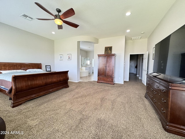 bedroom with connected bathroom and ceiling fan