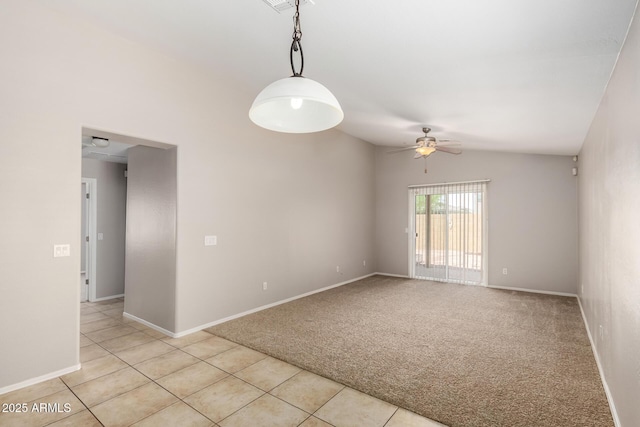 5320 E Silverbell Rd, San Tan Valley, AZ 85143 - unfurnished room featuring a ceiling fan, light carpet, light tile patterned floors, baseboards, and lofted ceiling
