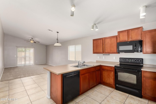 5320 E Silverbell Rd, San Tan Valley, AZ 85143 - kitchen with black appliances, a sink, a peninsula, brown cabinetry, and a ceiling fan