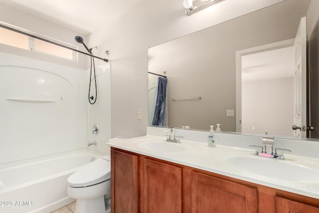5320 E Silverbell Rd, San Tan Valley, AZ 85143 - full bath with double vanity, shower / bath combo with shower curtain, toilet, and tile patterned flooring