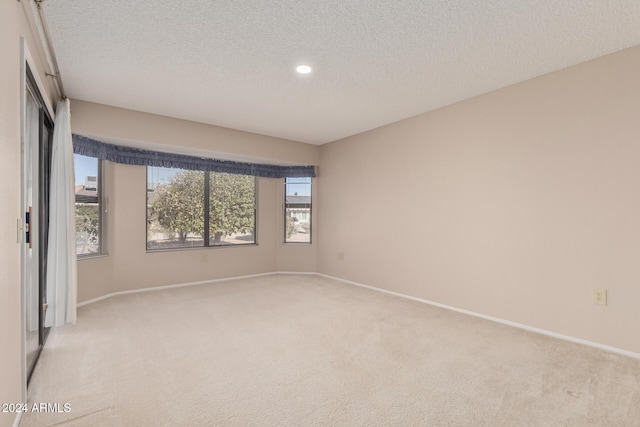 empty room with light colored carpet and a textured ceiling