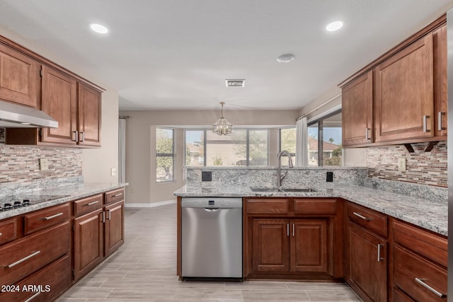 kitchen featuring black cooktop, sink, an inviting chandelier, dishwasher, and hanging light fixtures