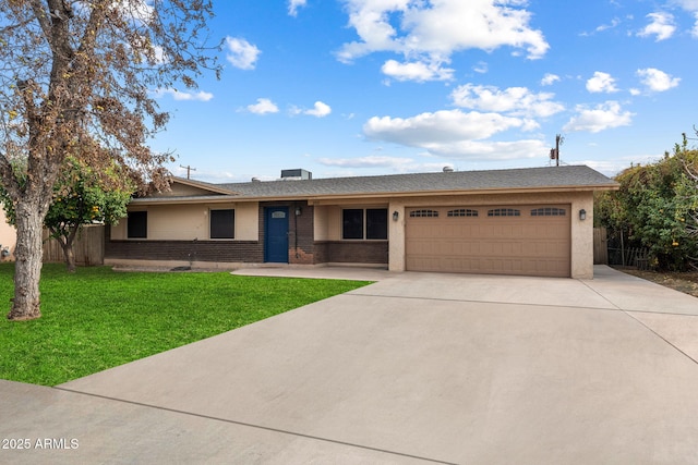 255 N Hunt Dr E, Mesa, AZ 85203 - single story home with a garage, concrete driveway, a front lawn, and brick siding
