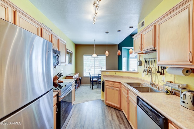 kitchen featuring wood finished floors, a sink, light countertops, light brown cabinets, and stainless steel appliances
