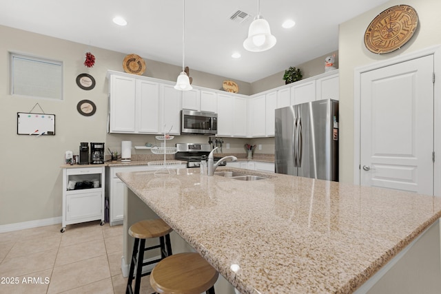 kitchen featuring a sink, appliances with stainless steel finishes, white cabinets, and visible vents