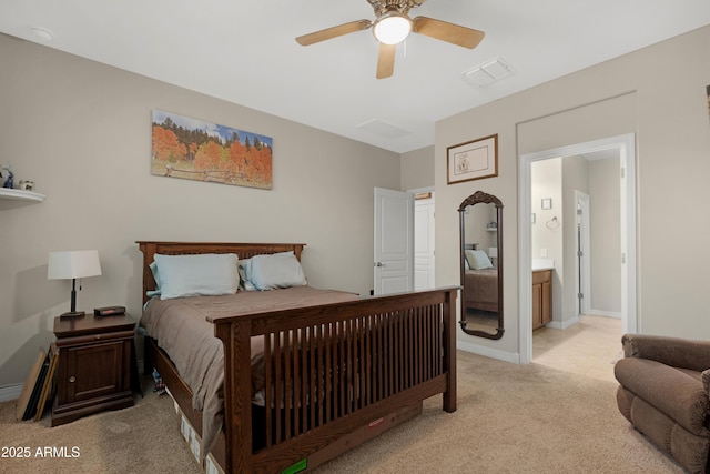 bedroom featuring connected bathroom, ceiling fan, light carpet, baseboards, and visible vents