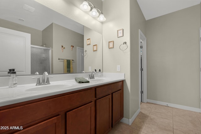bathroom featuring a sink, tile patterned flooring, a shower stall, and double vanity