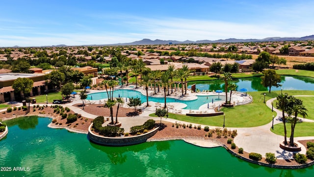 aerial view with a residential view and a water and mountain view