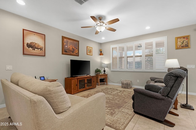 living room with recessed lighting, baseboards, ceiling fan, and visible vents