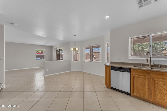 kitchen featuring a sink, a wealth of natural light, stainless steel dishwasher, and visible vents