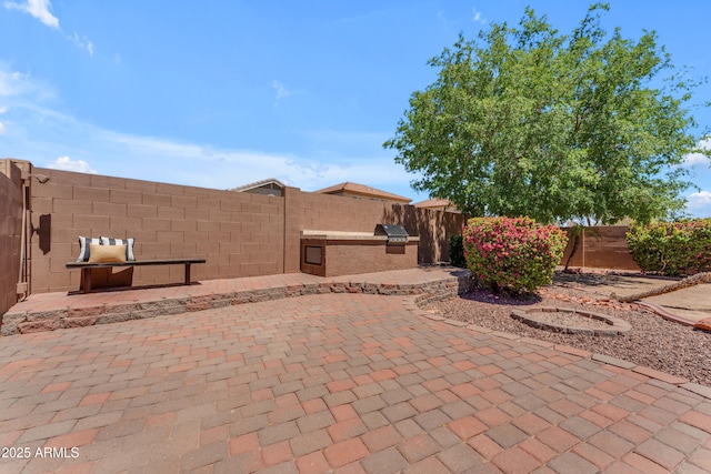 view of patio / terrace featuring a fenced backyard and exterior kitchen
