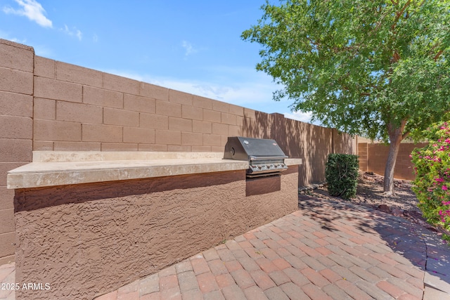 view of patio featuring grilling area, a fenced backyard, and area for grilling