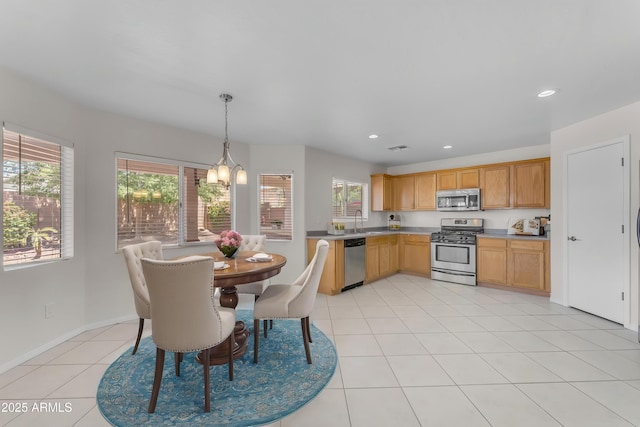 kitchen with stainless steel appliances, a chandelier, a healthy amount of sunlight, and a sink