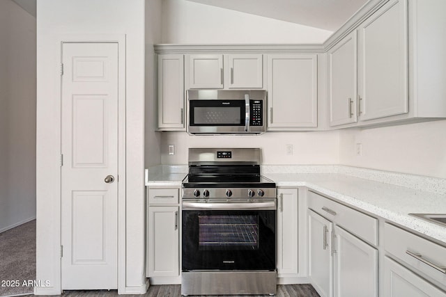 kitchen with appliances with stainless steel finishes, lofted ceiling, and light stone countertops