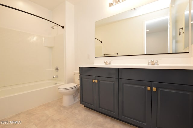 full bathroom with toilet, double vanity, a sink, and shower / bathtub combination