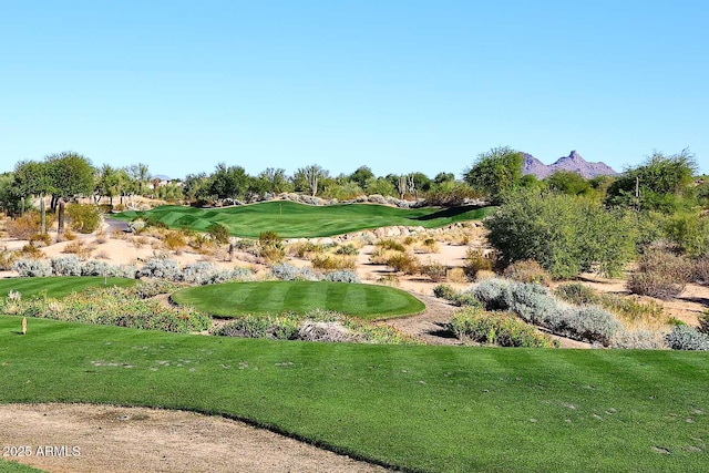 surrounding community featuring golf course view and a yard