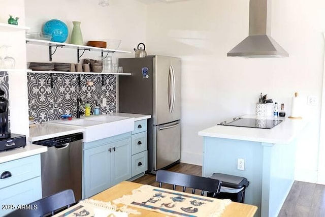 kitchen with wall chimney exhaust hood, dark wood-type flooring, a sink, and stainless steel appliances