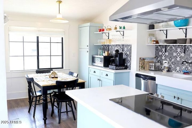 kitchen with stainless steel appliances, exhaust hood, dark wood-style flooring, and open shelves