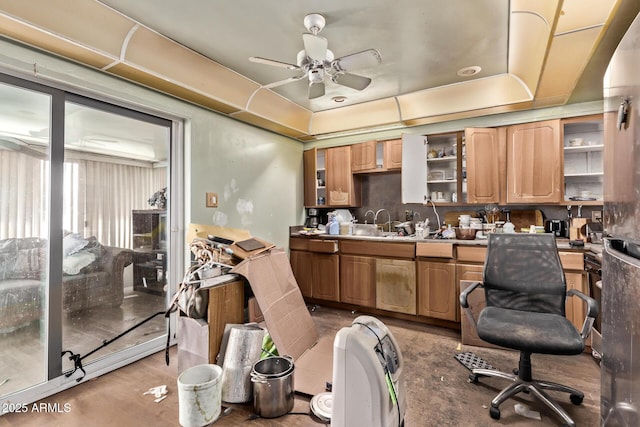 9408 N 15th St, Phoenix, AZ 85020 - kitchen featuring open shelves, a ceiling fan, a sink, tasteful backsplash, and freestanding refrigerator