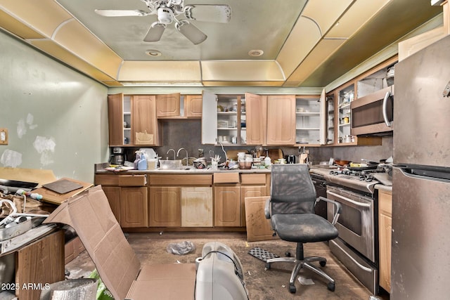 9408 N 15th St, Phoenix, AZ 85020 - kitchen with appliances with stainless steel finishes, a tray ceiling, a sink, a ceiling fan, and glass insert cabinets