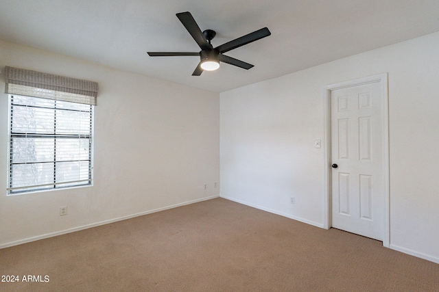 spare room featuring ceiling fan and carpet floors