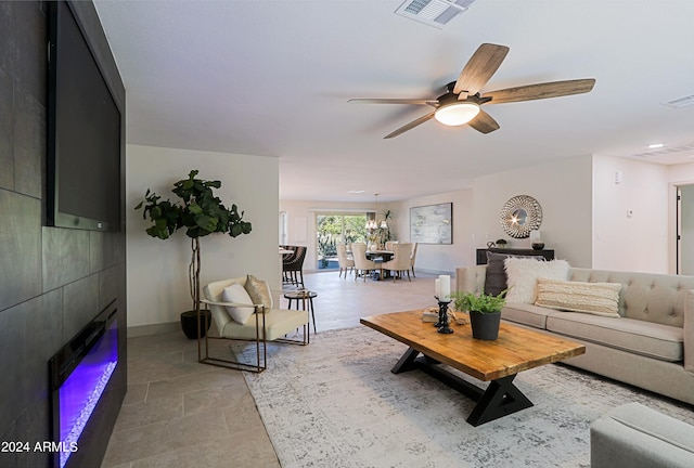 living room featuring ceiling fan