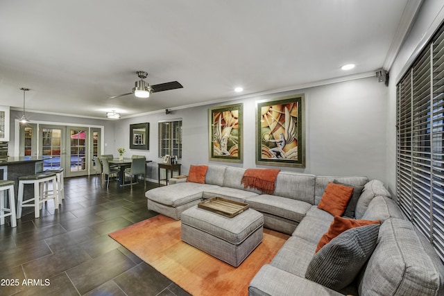 4610 N 14th Ave, Phoenix, AZ 85013 - living area featuring ornamental molding, french doors, ceiling fan, and recessed lighting