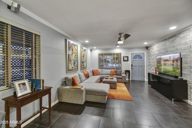 4610 N 14th Ave, Phoenix, AZ 85013 - living area with ornamental molding, ceiling fan, recessed lighting, and dark tile patterned floors