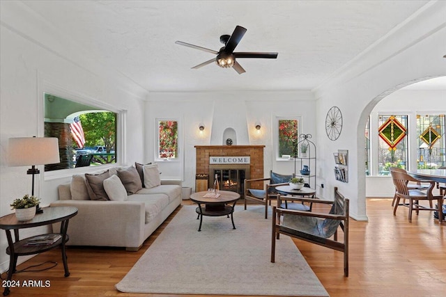 living room featuring ceiling fan, light hardwood / wood-style floors, a textured ceiling, and a healthy amount of sunlight