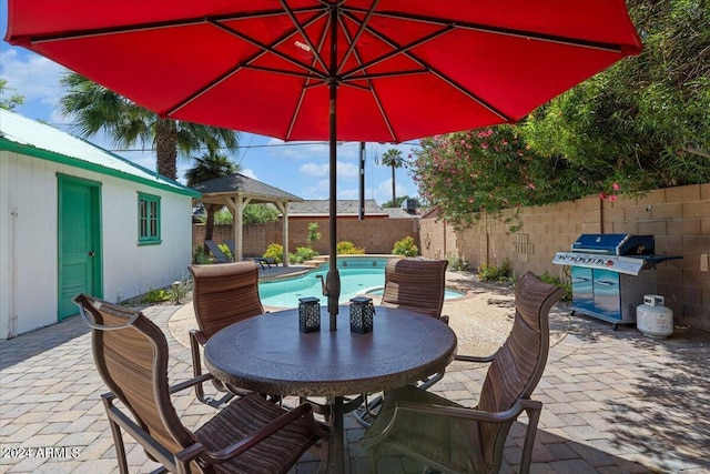 view of patio / terrace featuring a fenced in pool, outdoor dining area, a grill, and a fenced backyard