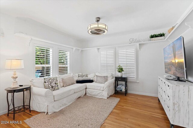 living room featuring light wood-type flooring and ceiling fan