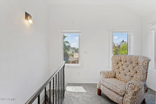 sitting room featuring a wealth of natural light, carpet, and vaulted ceiling