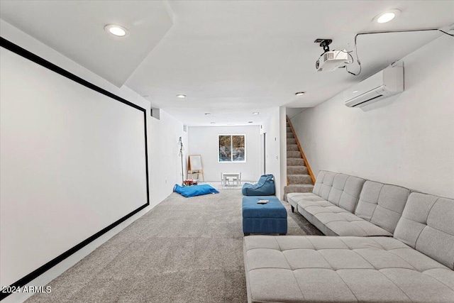 home theater featuring recessed lighting, a wall mounted AC, and carpet