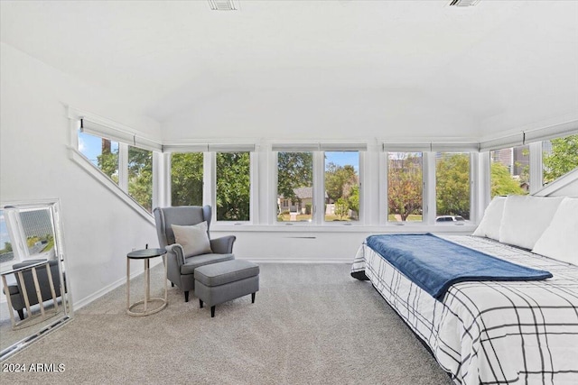 carpeted bedroom featuring lofted ceiling and baseboards