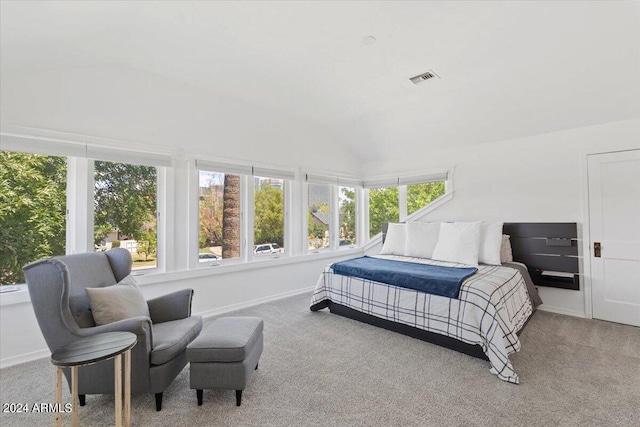 carpeted bedroom featuring vaulted ceiling, baseboards, and visible vents