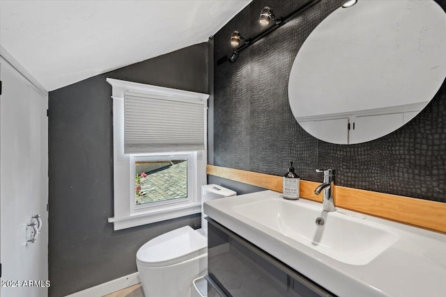 bathroom featuring vaulted ceiling, toilet, and sink