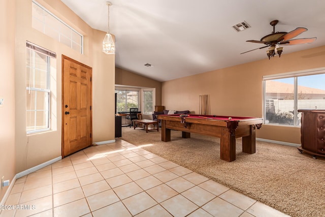 recreation room featuring pool table, light colored carpet, ceiling fan, and vaulted ceiling