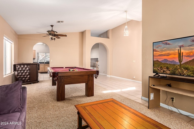 game room featuring light tile patterned flooring, ceiling fan, billiards, and high vaulted ceiling