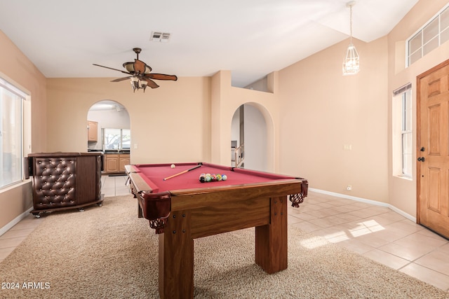 rec room with pool table, lofted ceiling, light tile patterned floors, and ceiling fan