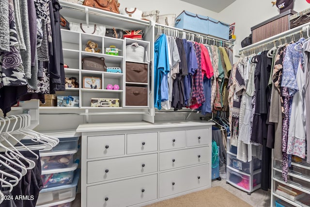 walk in closet featuring light carpet