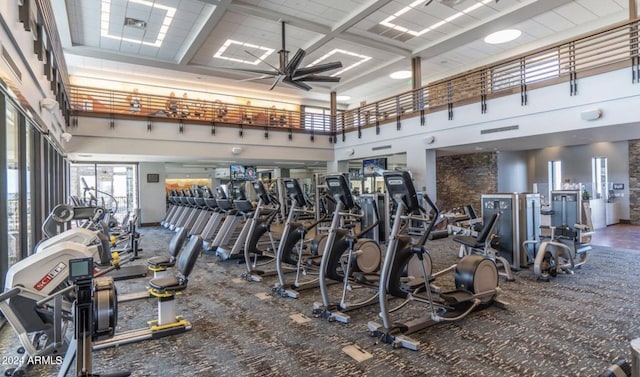 exercise room with a high ceiling