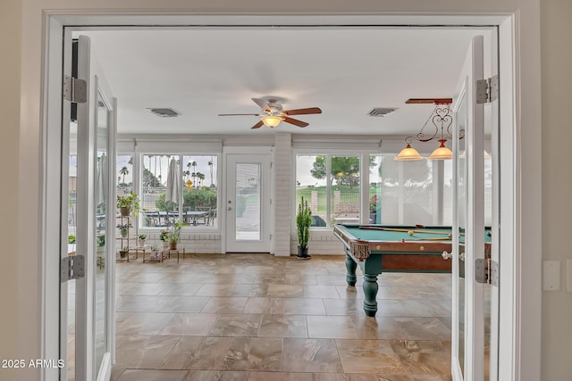 recreation room with visible vents, pool table, and ceiling fan