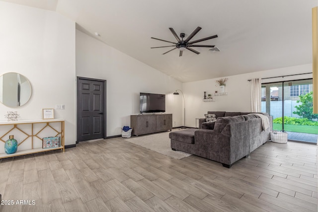756 E Appaloosa Rd, Gilbert, AZ 85296 - living area with high vaulted ceiling, a ceiling fan, and wood finished floors
