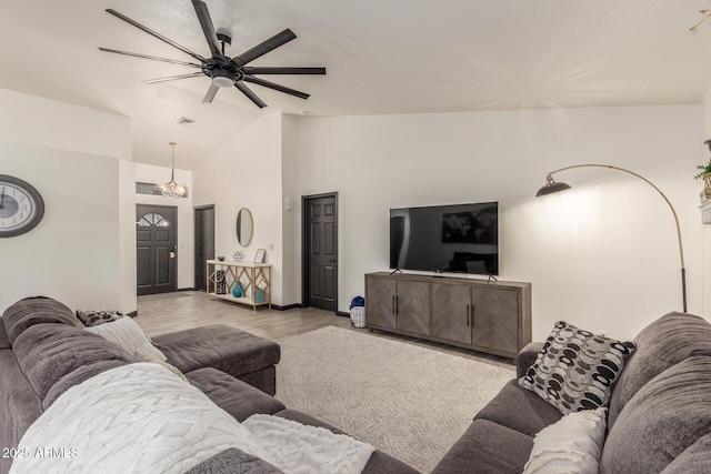 756 E Appaloosa Rd, Gilbert, AZ 85296 - living area with ceiling fan, wood finished floors, a chandelier, baseboards, and high vaulted ceiling