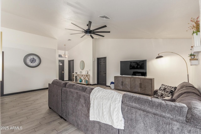756 E Appaloosa Rd, Gilbert, AZ 85296 - living area featuring vaulted ceiling, light wood-style floors, a ceiling fan, and baseboards