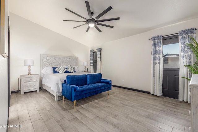 756 E Appaloosa Rd, Gilbert, AZ 85296 - bedroom with wood finished floors, vaulted ceiling, baseboards, and a ceiling fan