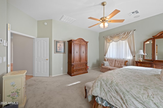 bedroom with carpet floors, baseboards, a ceiling fan, and visible vents